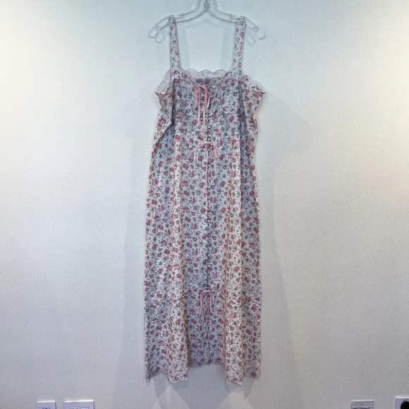 Praerie Brittany Pink Floral Lace Cottagecore Preppy Button Down Midi Dress L - Picture 4 of 10